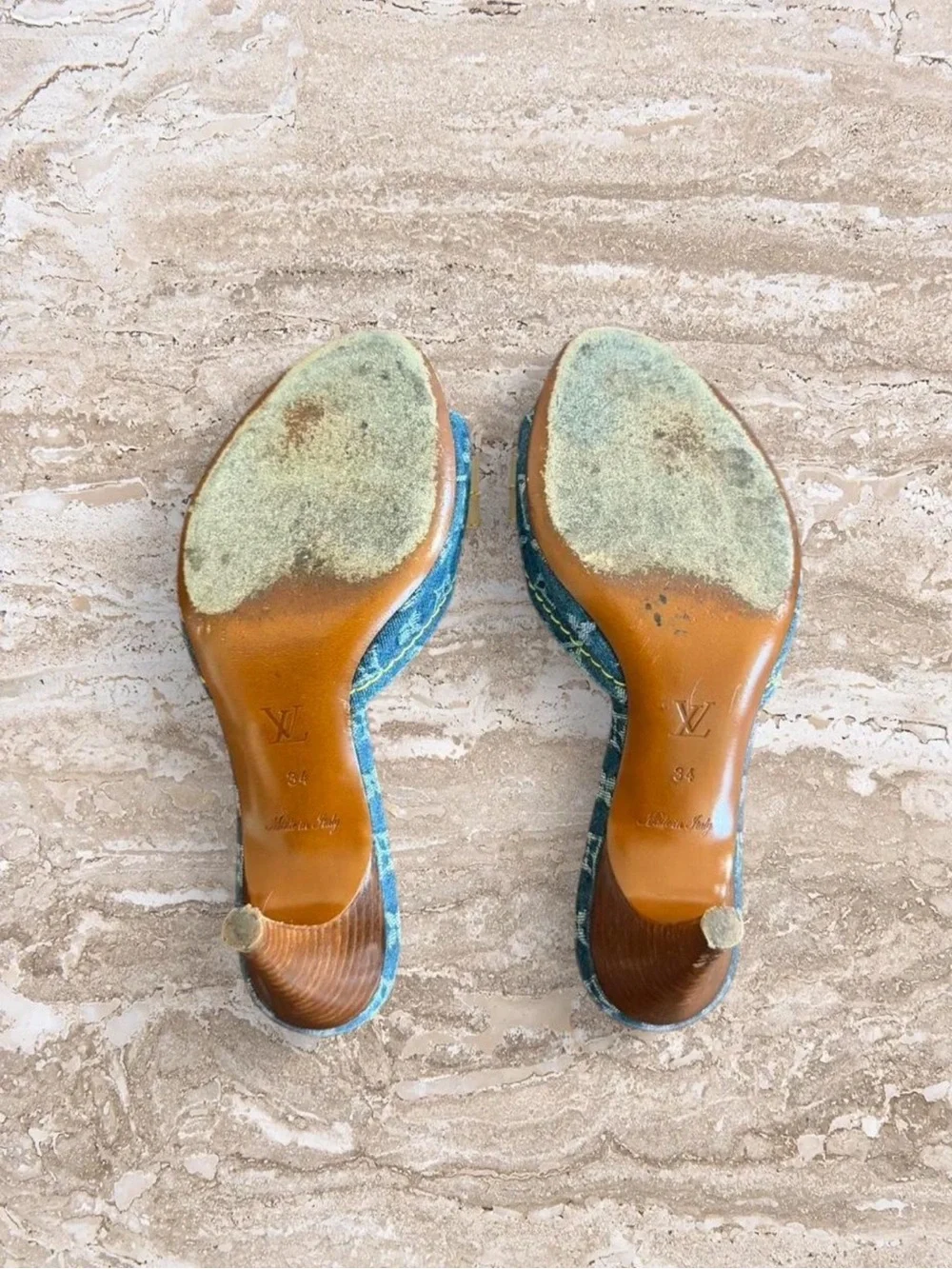 RARE Louis Vuitton Denim Monogram Bow Kitten Heel Mules Sandals Slides & Box - Picture 6 of 7